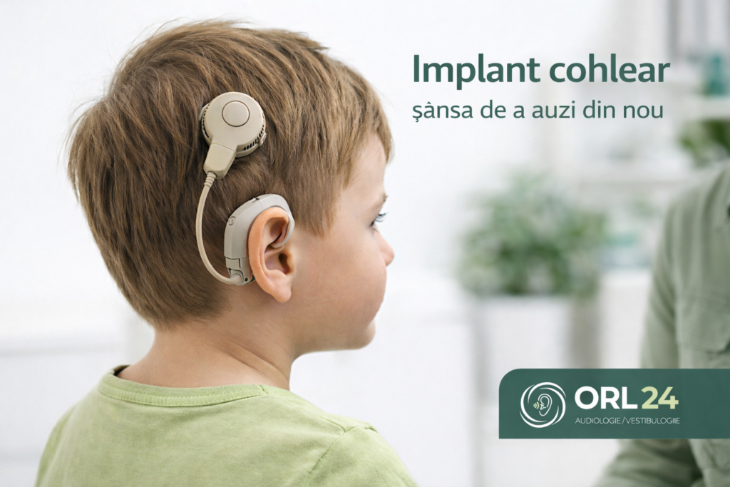 copil cu implant cohlear în spatele urechii, dispozitiv modern pentru pierdere severă de auz