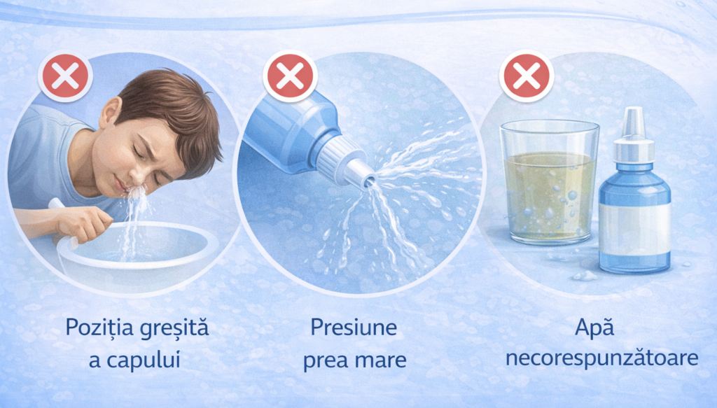 Greșeli frecvente în spălăturile nazale: poziție greșită a capului, presiune prea mare și apă nepotrivită