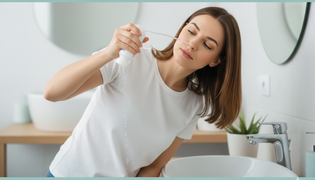 Spălături nazale la adult realizate corect în baie cu dispozitiv de irigare nazală