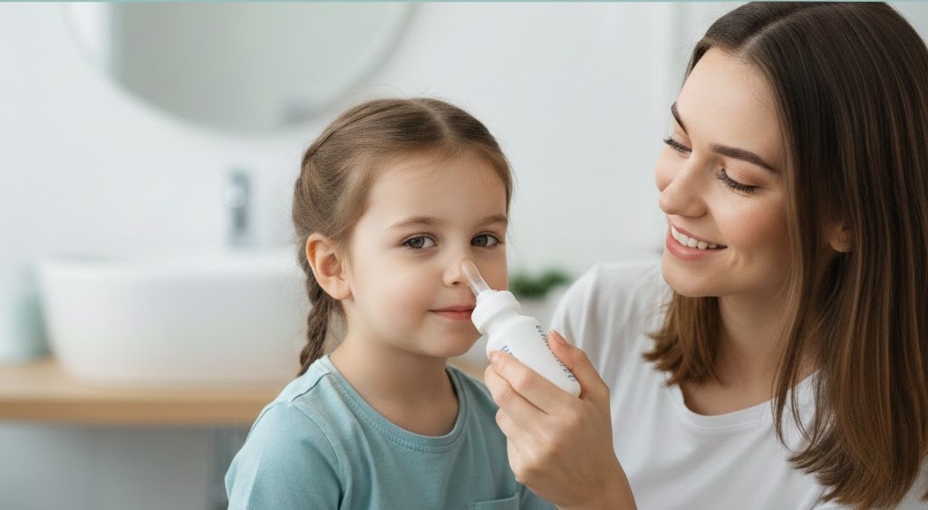 Spălături nazale la copil cu soluție salină izotonică sub supravegherea adultului