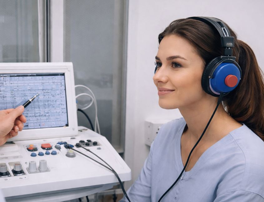 Test audiometric realizat pentru verificarea auzului într-un cabinet ORL