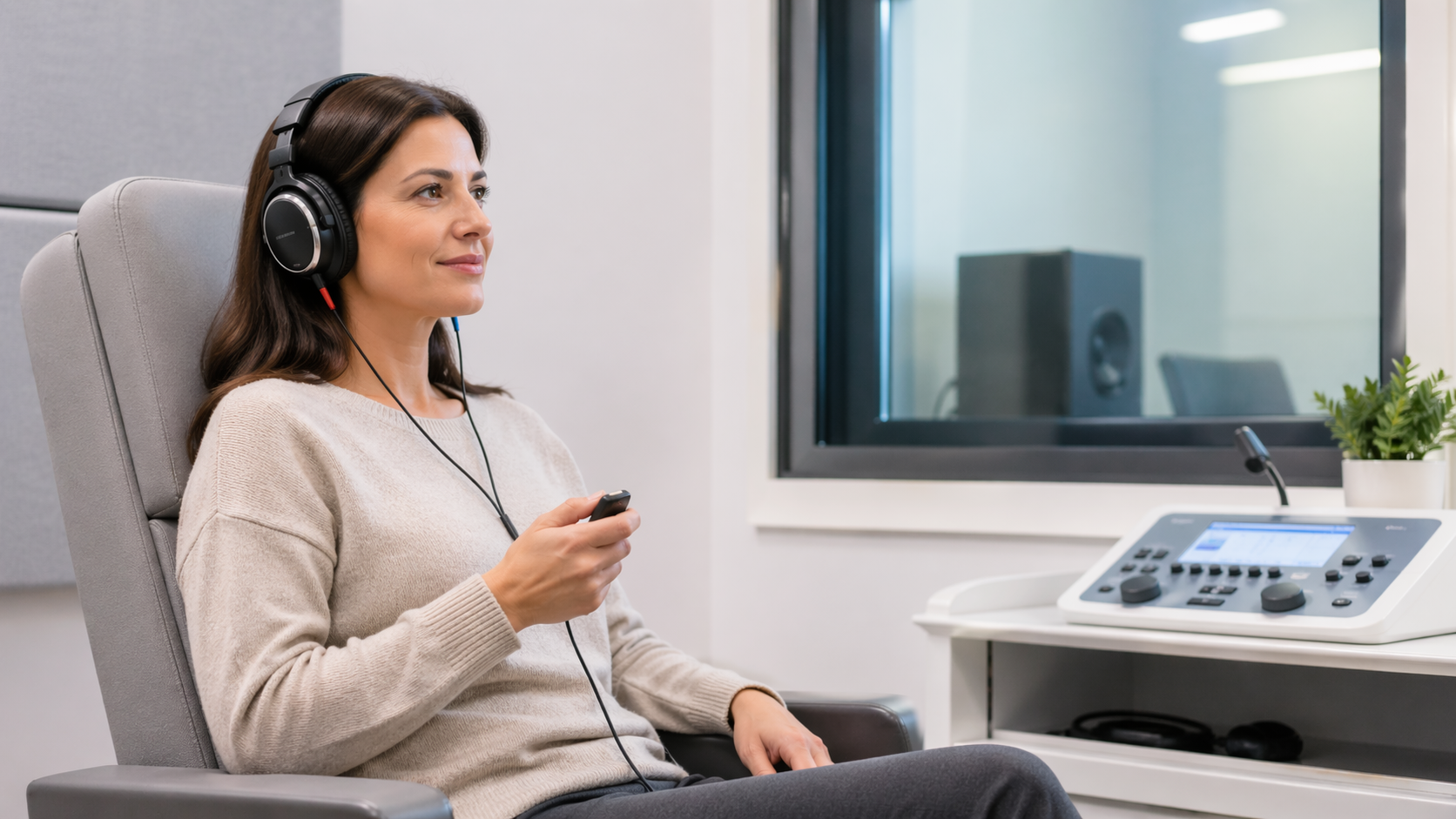 Este dureroasă audiograma - test auditiv nedureros. Pacientă în timpul audiogramei cu căști și dispozitiv de răspuns