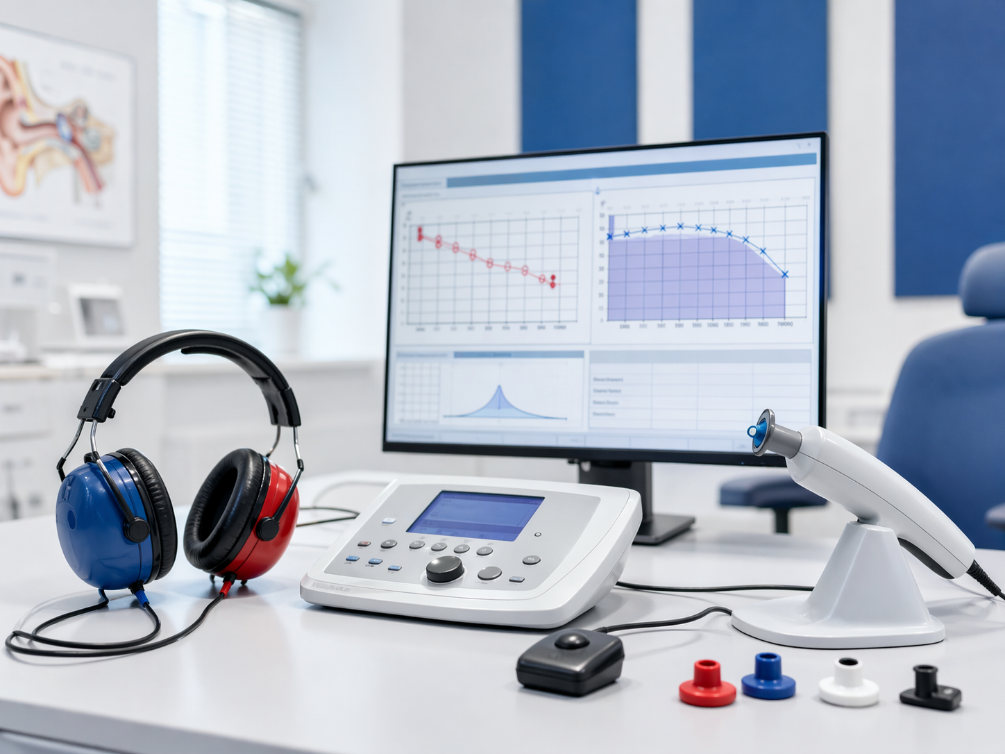 Cabinet modern de audiologie cu echipament pentru test auditiv și audiogramă