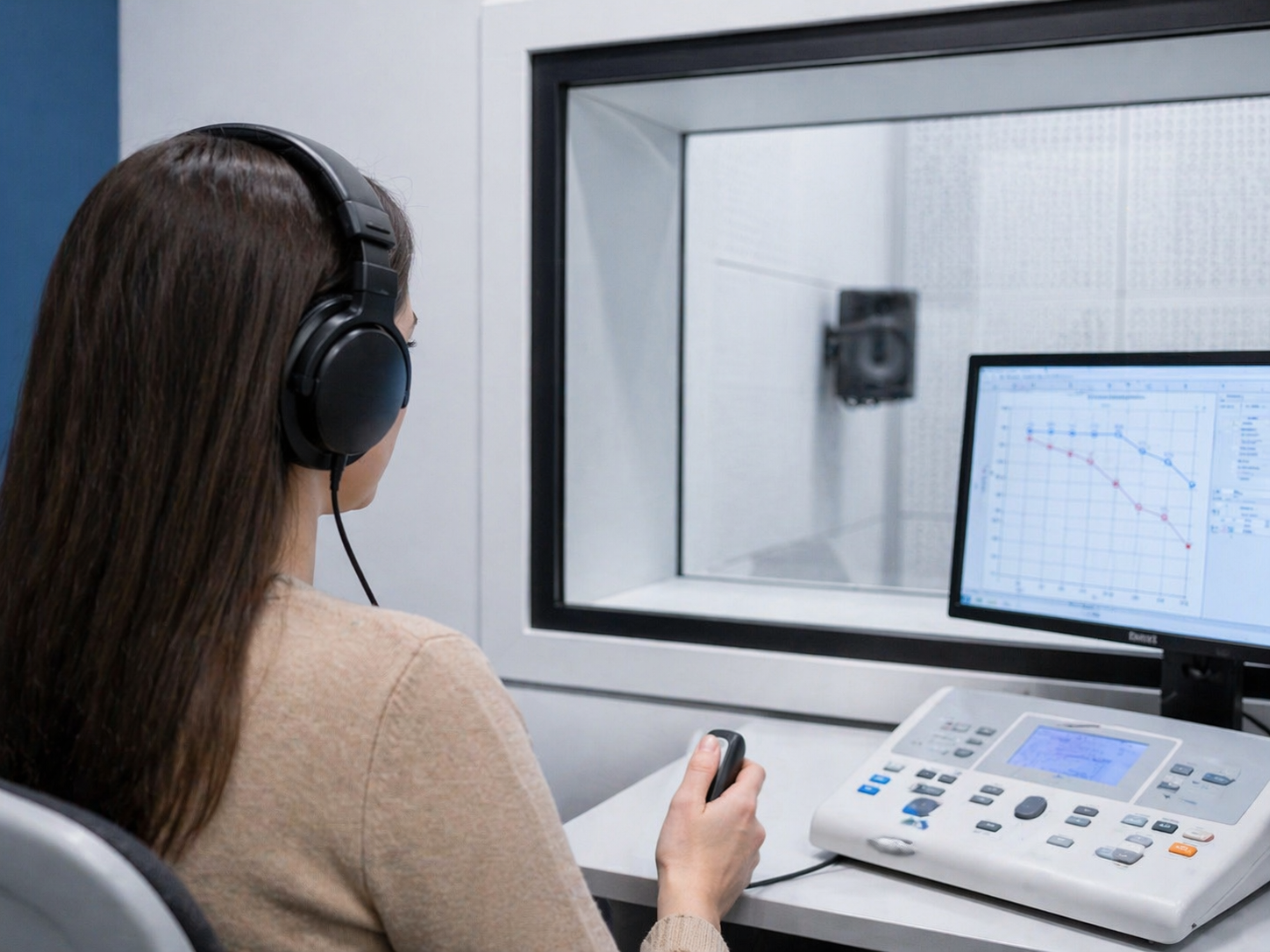 Pacient în timpul unui test auditiv cu căști într-un cabinet de audiologie