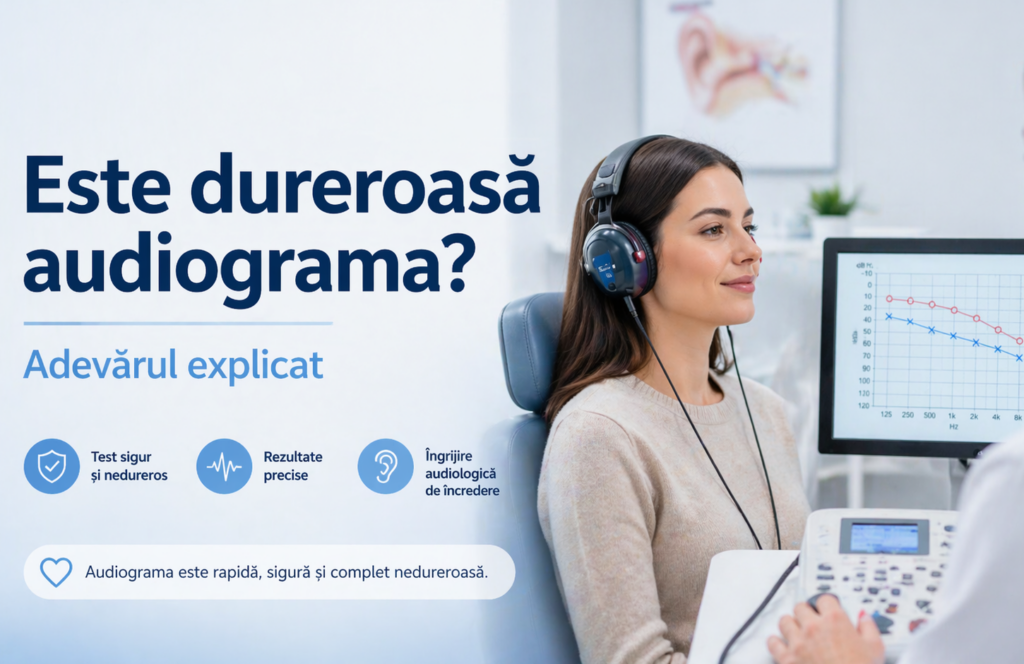 Pacientă în timpul audiogramei pentru evaluarea auzului cu echipament audiometric