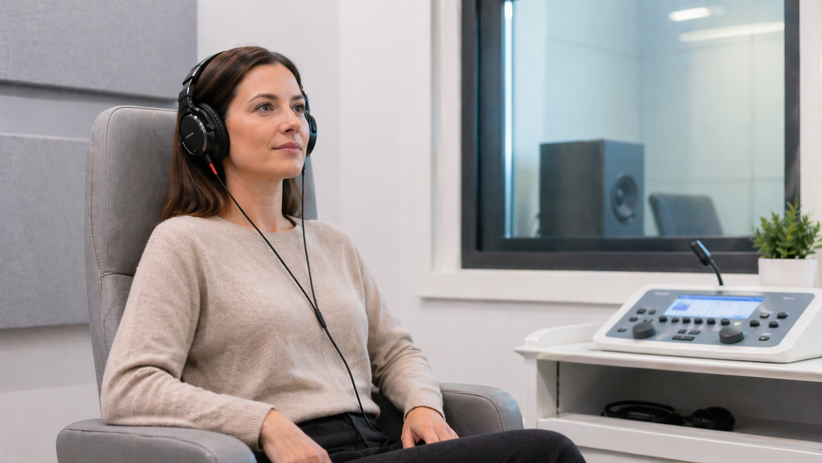 Pacientă relaxată în timpul testului auditiv audiogramă