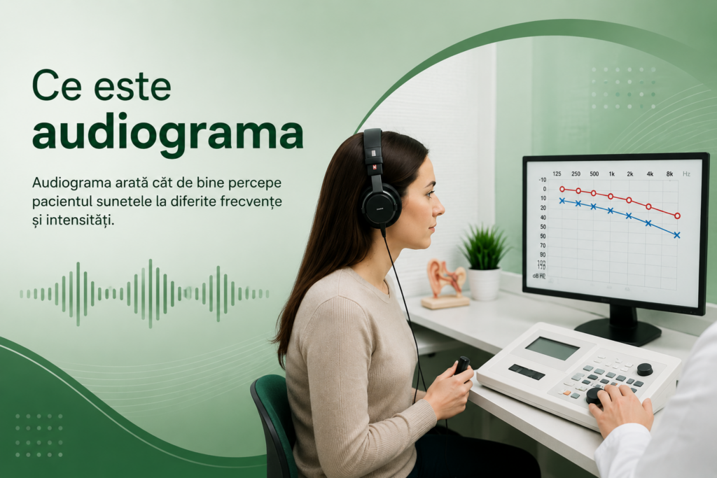 Pacient în timpul unei audiograme pentru evaluarea auzului
