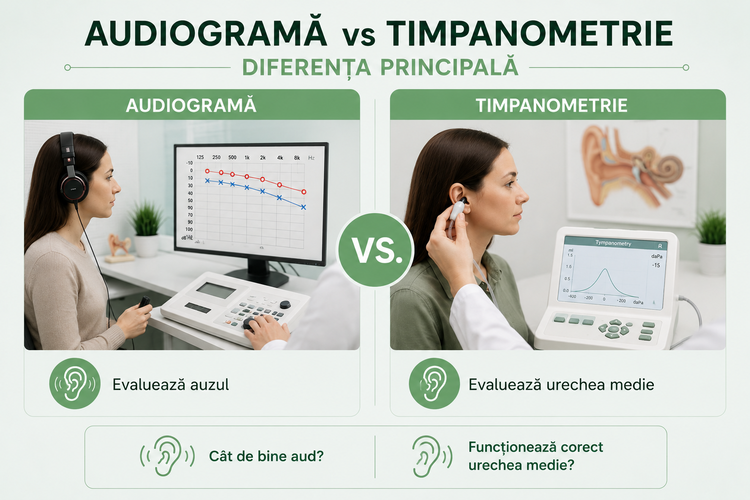 Comparație între audiogramă și timpanometrie în evaluarea auditivă