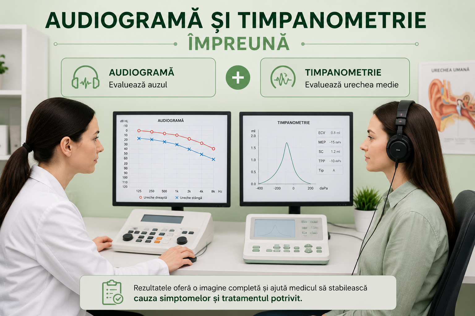 Audiogramă și timpanometrie recomandate împreună pentru evaluarea auzului