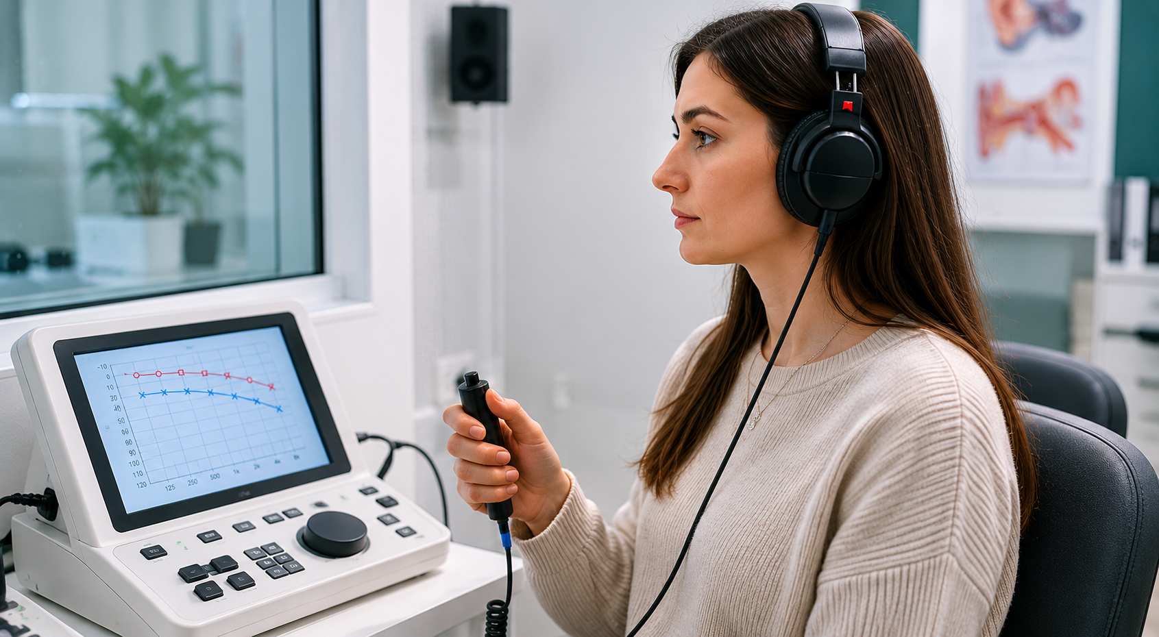 Pacient în timpul unui test audiometric cu căști speciale