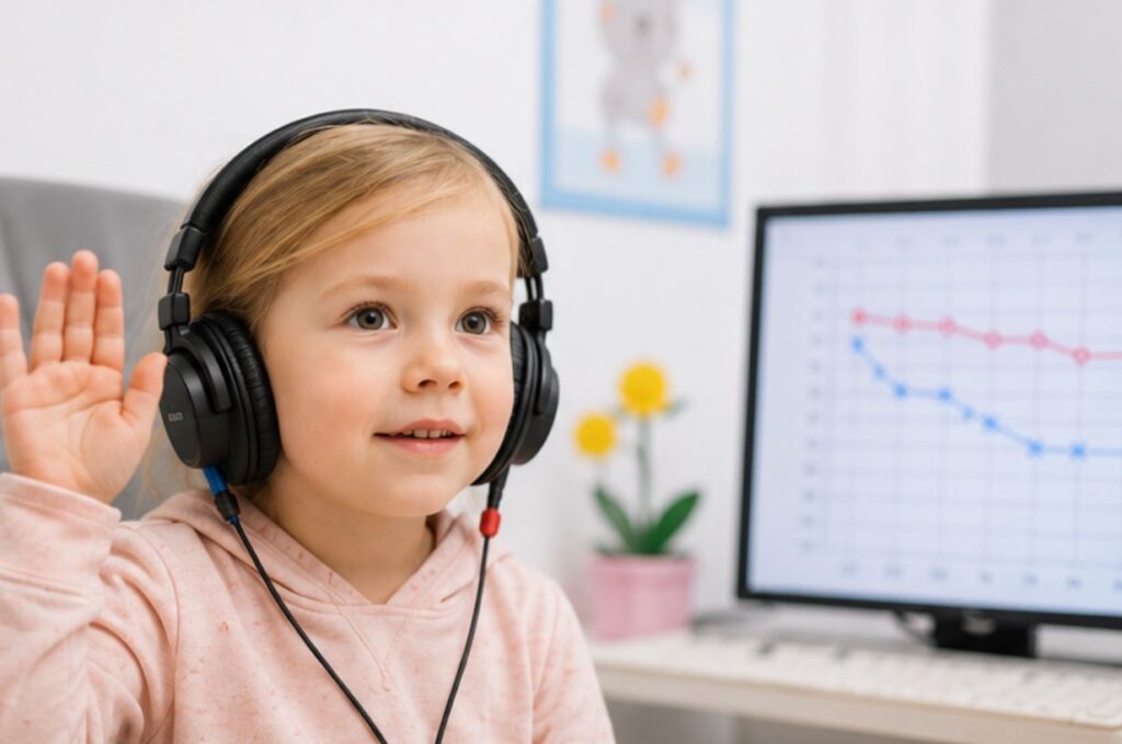 Audiogramă copii în cabinet de audiologie, copil cu căști în timpul unui test auditiv