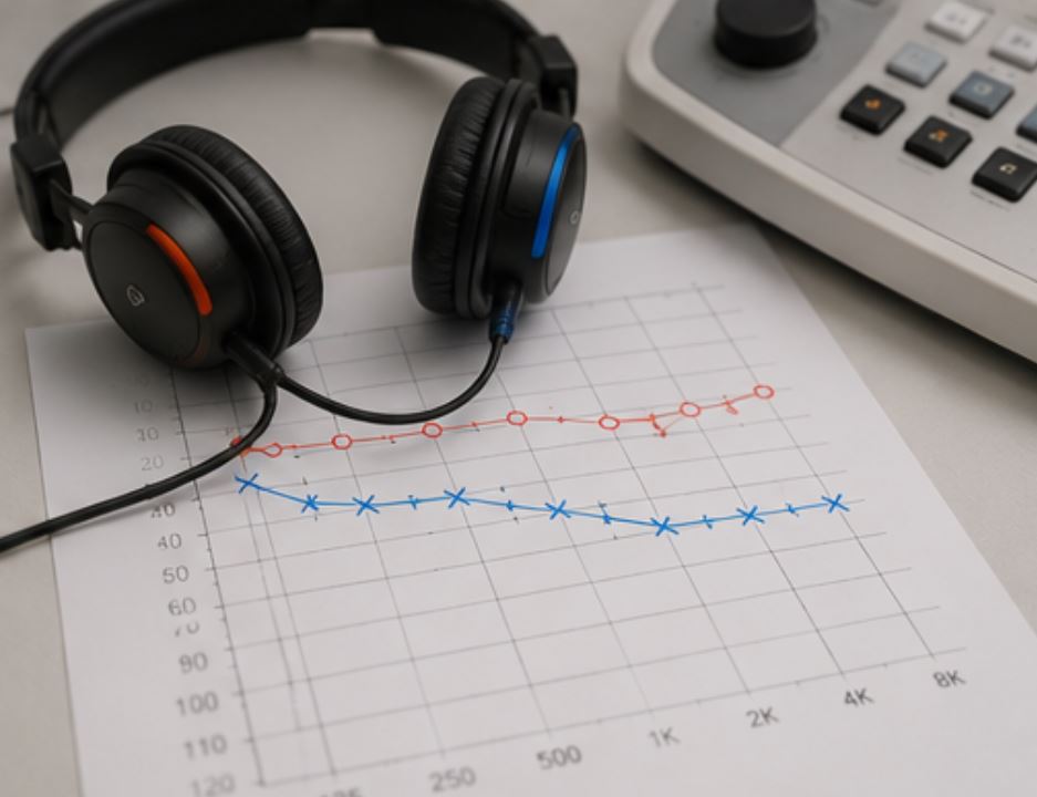 Căști audiometrice și rezultat de audiogramă copii pentru evaluarea auzului