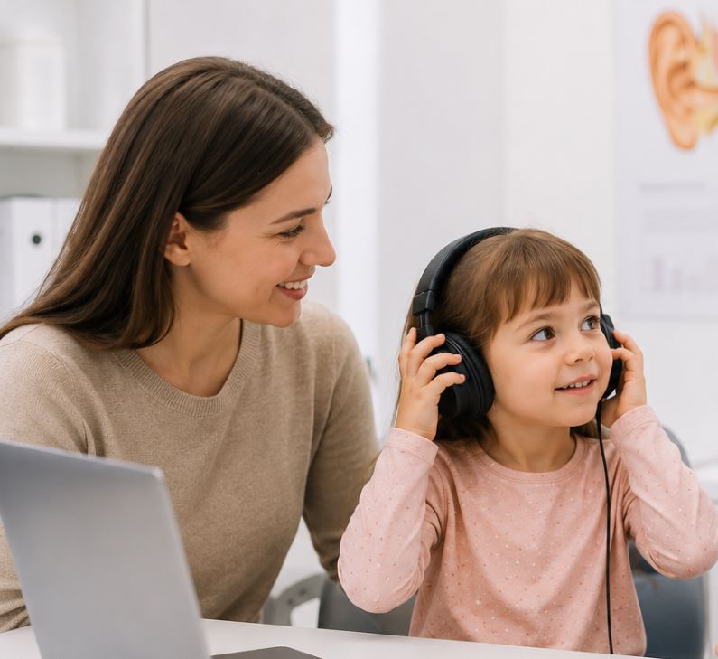 Pregătire pentru audiogramă copii, mamă și copil într-un cabinet ORL modern
