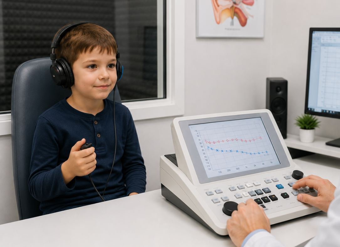 Audiogramă copii în desfășurare, copil testat de medic într-un cabinet de audiologie