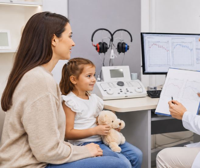 Consultație după audiogramă copii, medicul prezintă rezultatele testului auditiv