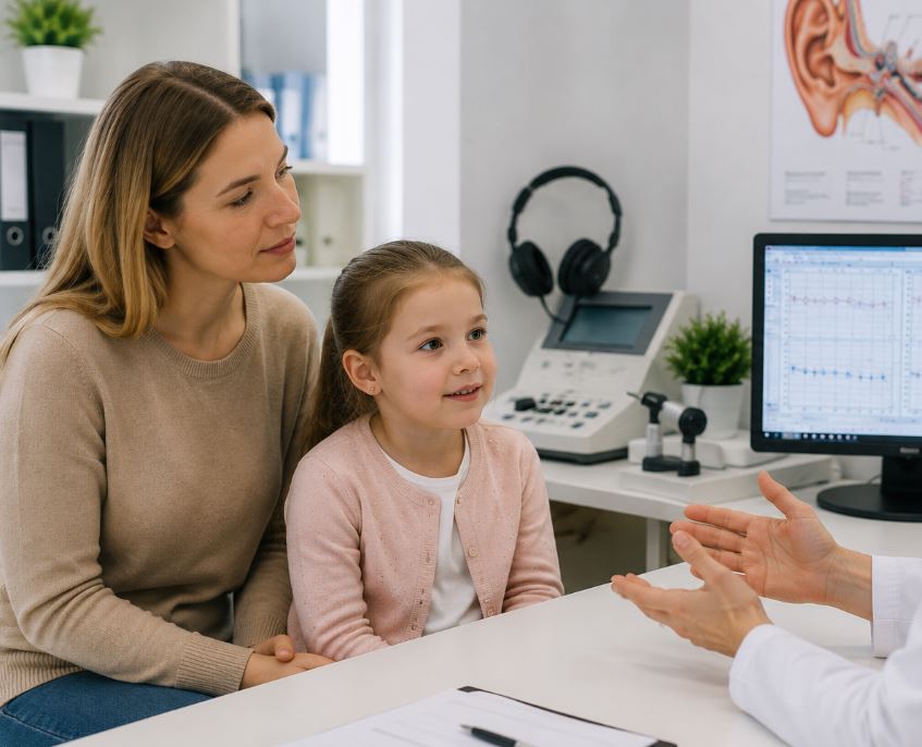 Test auditiv copii și consultație audiologică, medicul explică rezultatele mamei și copilului