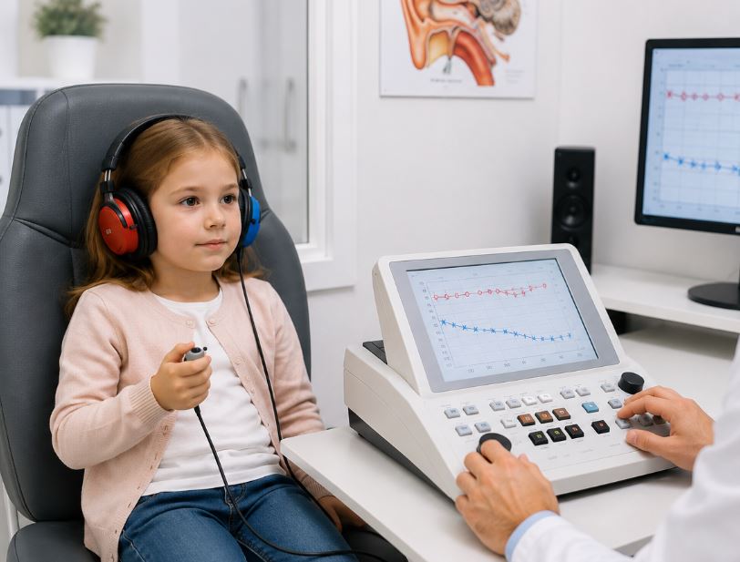Audiogramă copii, copil cu căști și buton de răspuns în timpul testului auditiv