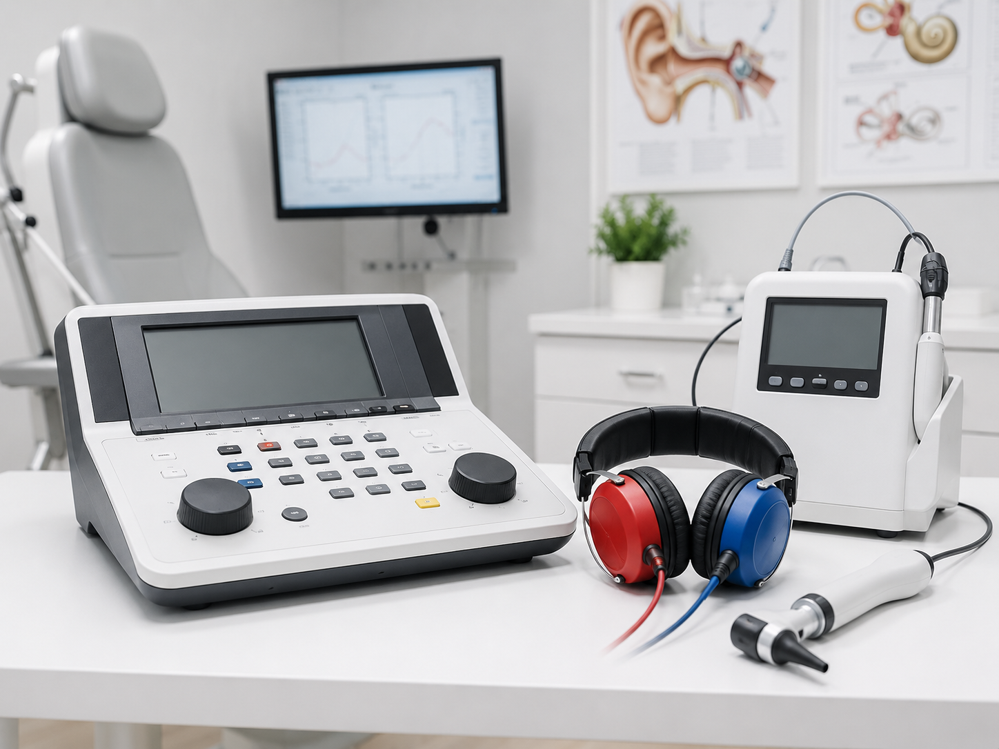 Echipamente pentru teste auditive la copii: audiometru, căști și timpanometru