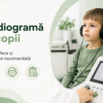Audiogramă copii în cabinet ORL, test auditiv realizat cu căști și audiometru