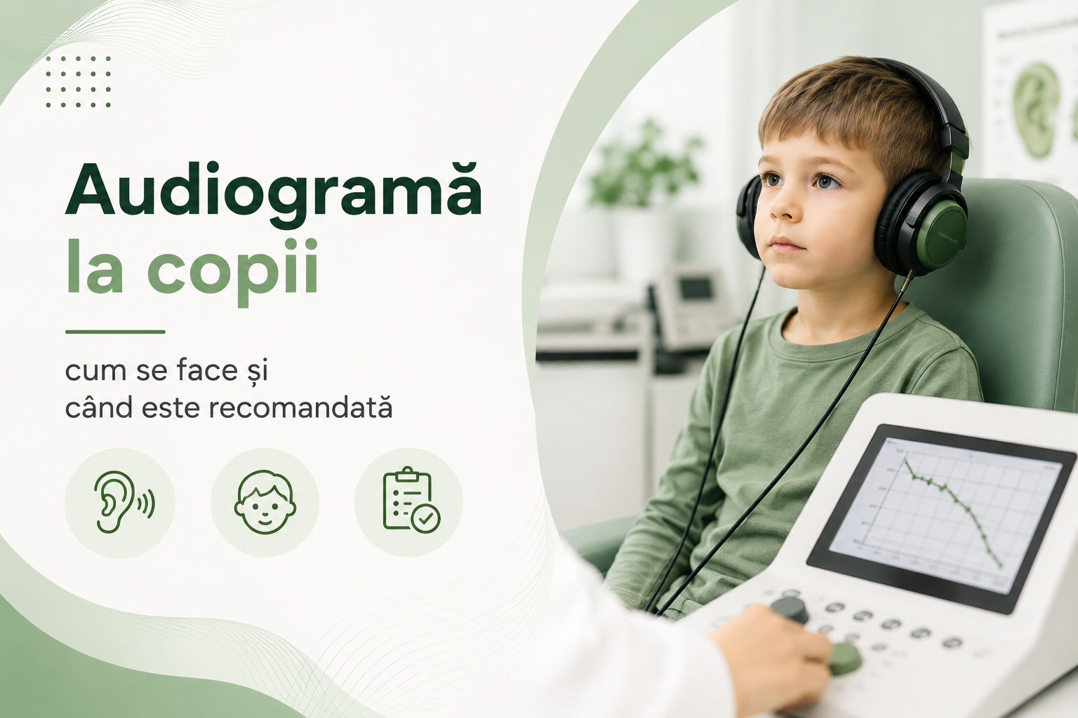 Audiogramă copii în cabinet ORL, test auditiv realizat cu căști și audiometru