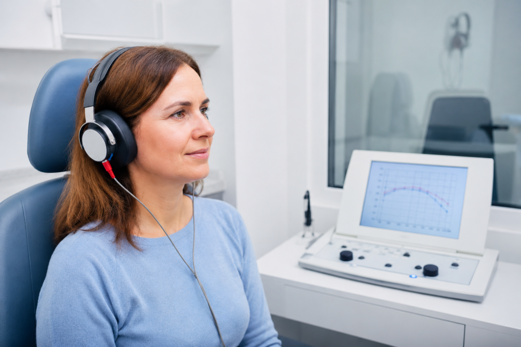 Pacientă în timpul unei evaluări audiometrice cu căști într-un cabinet ORL
