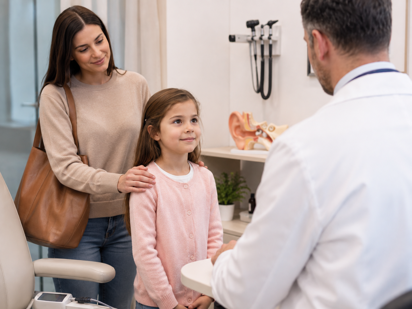Mamă și copil la consultație cu medicul ORL pentru verificarea auzului
