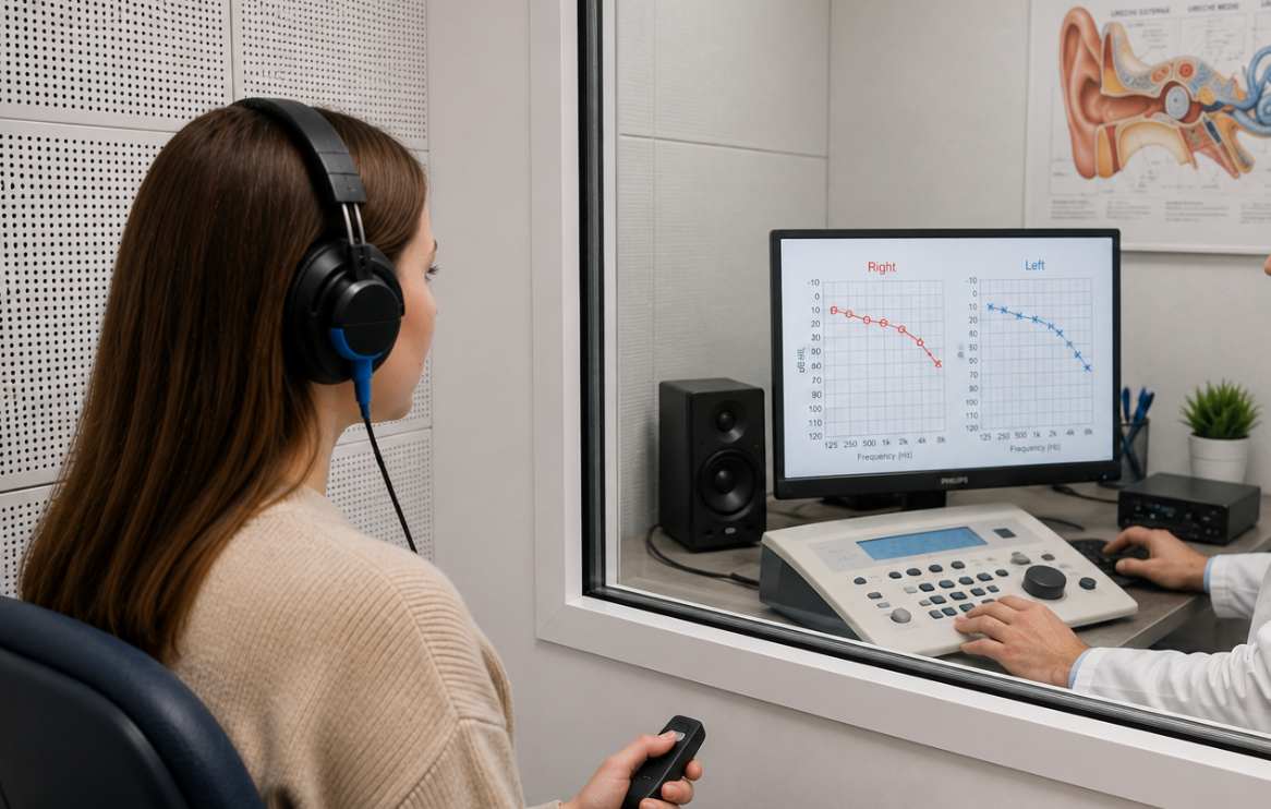Pacient cu căști care semnalează sunetele auzite în timpul testului audiometric