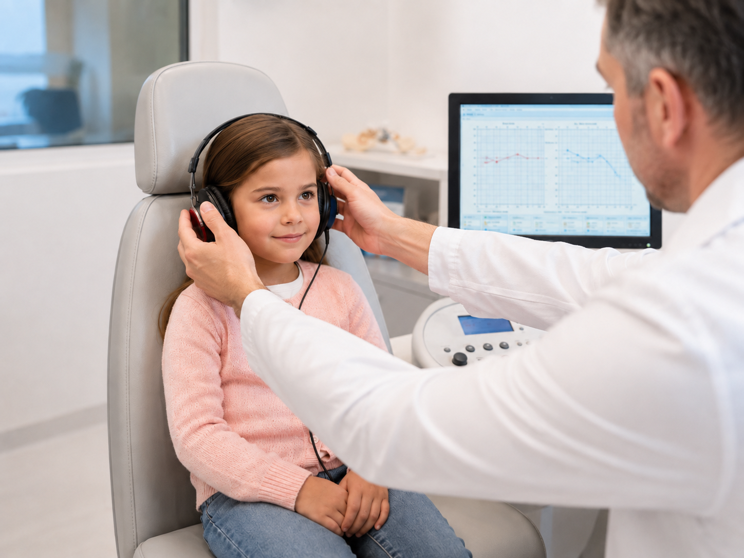Medic ORL pregătind căștile pentru efectuarea unui test auditiv la copil