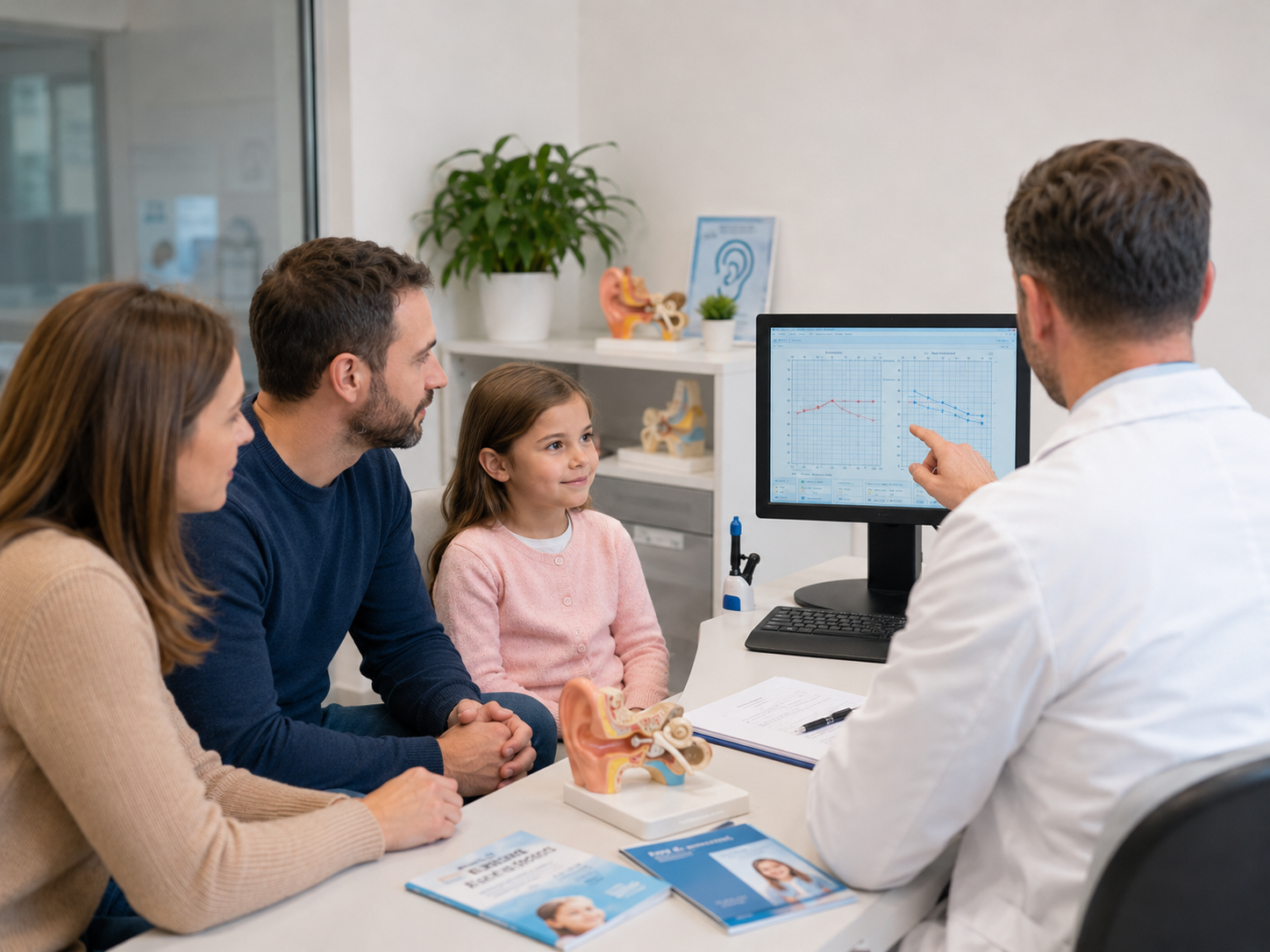 Medic ORL explicând părinților rezultatele audiogramei copilului
