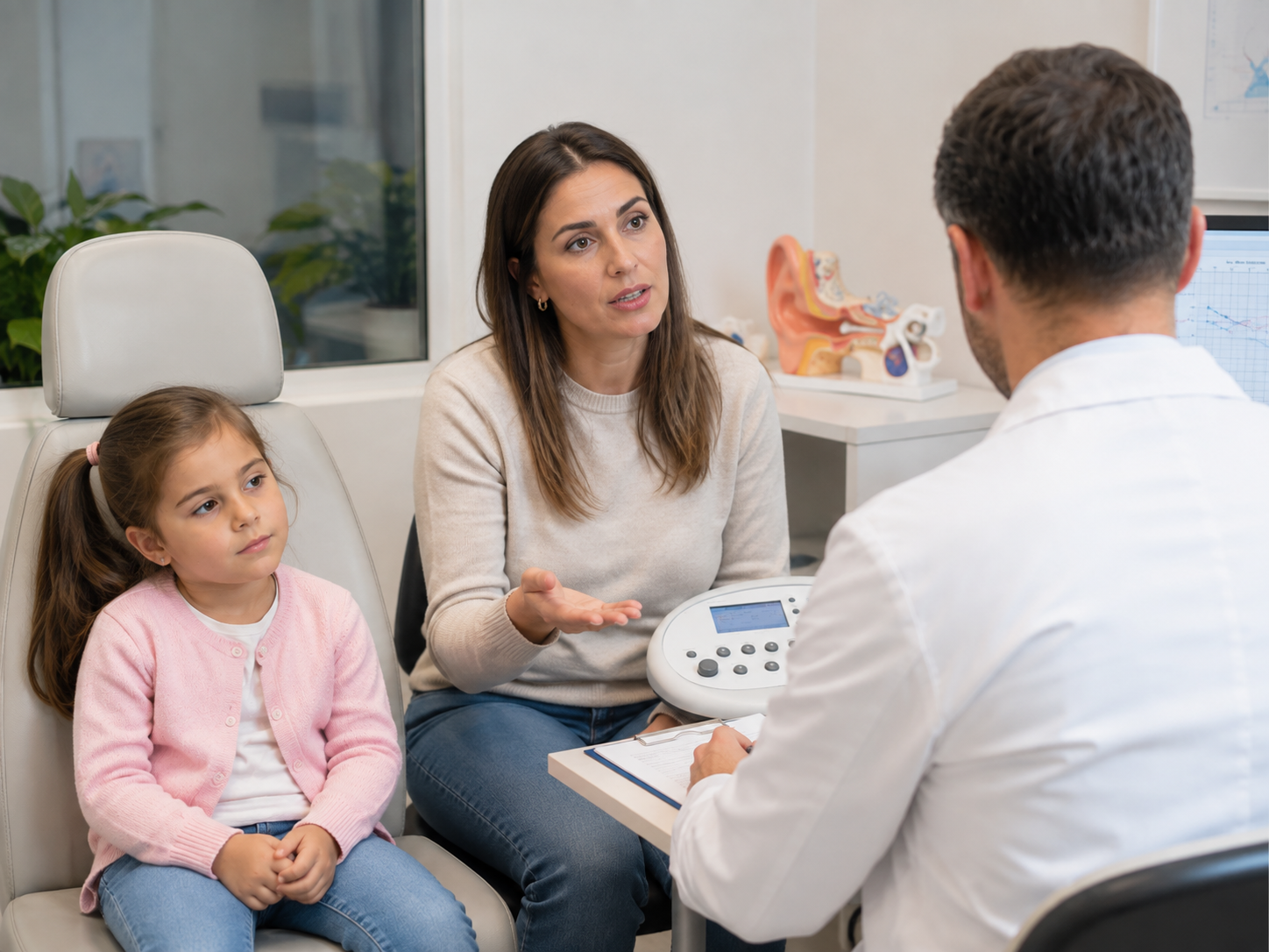 Părinte discutând cu medicul ORL despre posibile probleme de auz la copil
