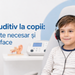 Copil cu căști în timpul unui test auditiv într-un cabinet ORL