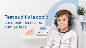 Copil cu căști în timpul unui test auditiv într-un cabinet ORL